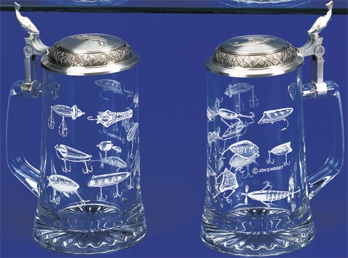 Fishing Lures Etched Fisherman German Glass Beer Stein Mug