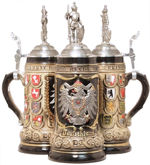 German State Crest Beer Stein .5L with Pewter Knight Lid.