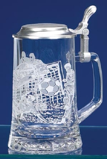 Soccer Football Etched German Glass Beer Stein