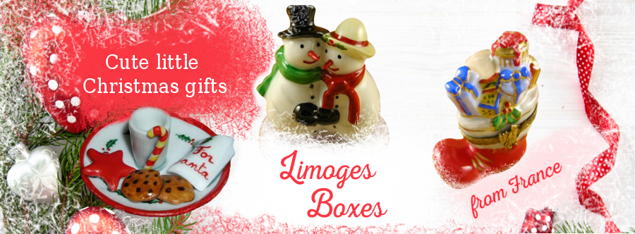 This is selection of elegant porcelain Limoges Boxes having themes that celebrate the Christmas and New Years holidays. 