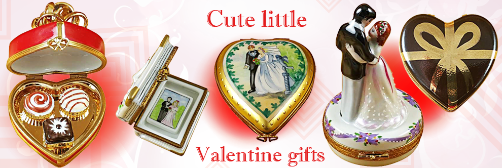 This is selection of elegant porcelain Limoges Boxes with stunning depictions of hearts in several themes. Includes American Flag Heart, Butterfly Heart, Cupid Heart, Wild Rose Heart, etc. 