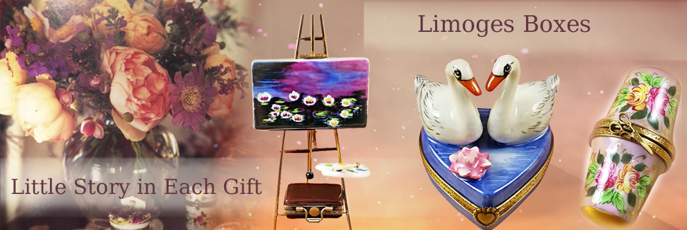 This is selection of elegant porcelain Limoges Boxes with stunning depictions of boxes in several themes.