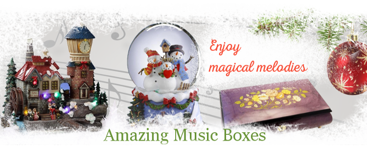 Three dimensional figures and water globes containing Christmas and winter scenes decorate each of these wonderful Sorrento music boxes.