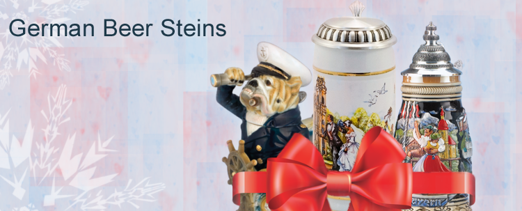 Beer Steins offers exclusive collection of authentic German Beer Steins, Beer Mugs and Glassware: traditional beer steins, figural beer steins, beer glasses.
