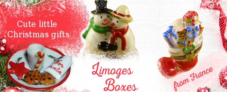 This is selection of elegant porcelain Limoges Boxes having themes that celebrate the Christmas and New Years holidays